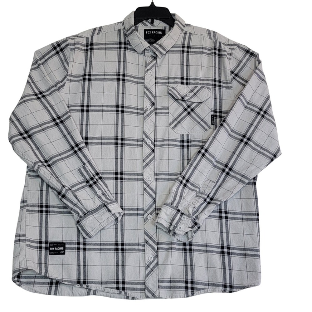 Fox Racing Flannel Shirt Mens XXL White Black Plaid Long Sleeve Cotton